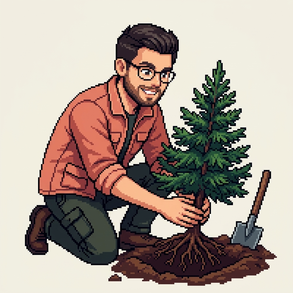 Pixel art illustration of Matthew Conner planting a flourishing evergreen tree