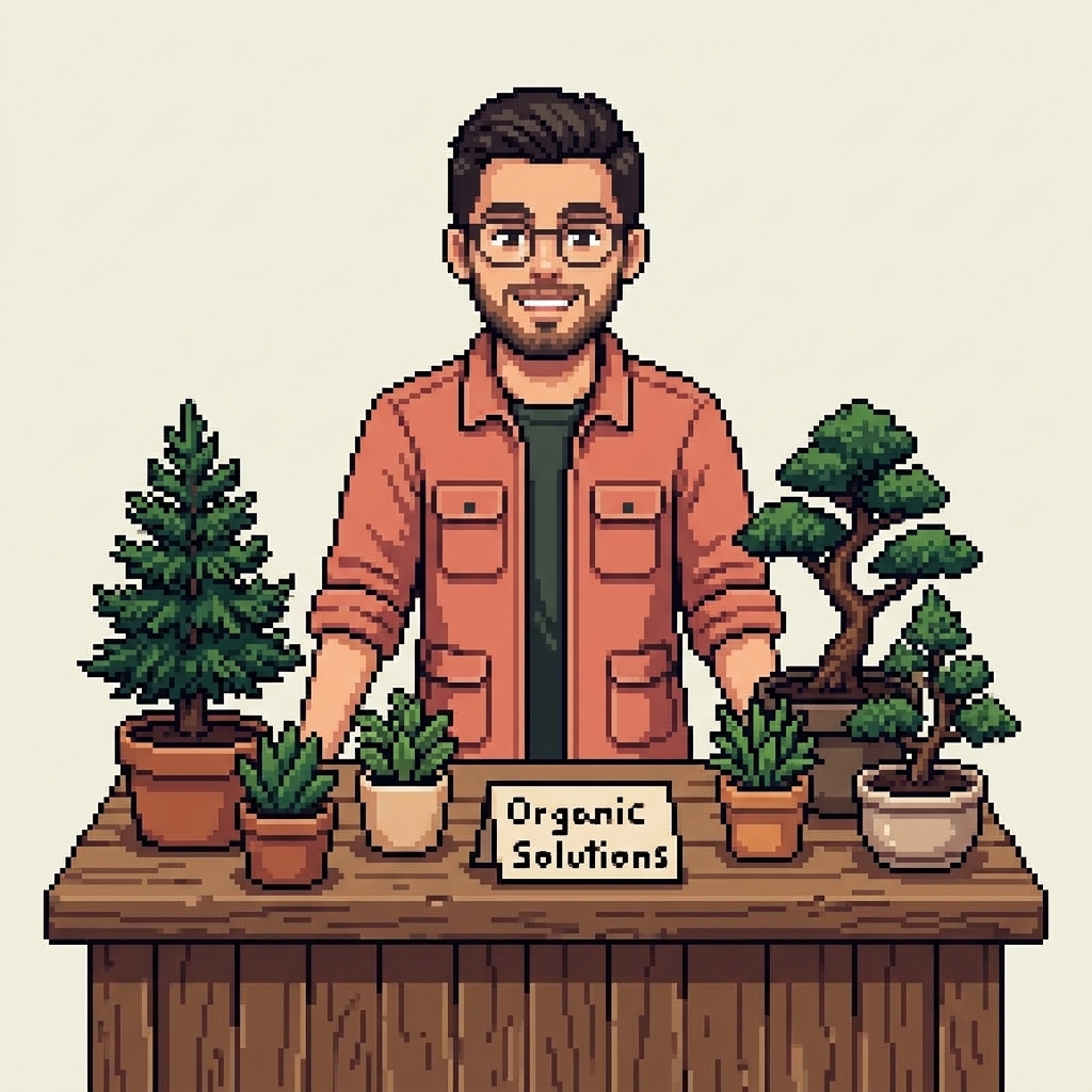 Pixel art illustration of Matthew Conner as a friendly vendor presenting organic plant solutions for SEO services
